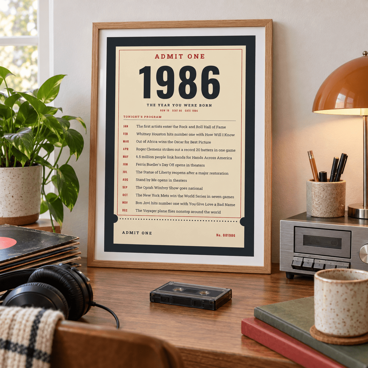 Ticket stub print with the year 1986 on a wall in a lived in room