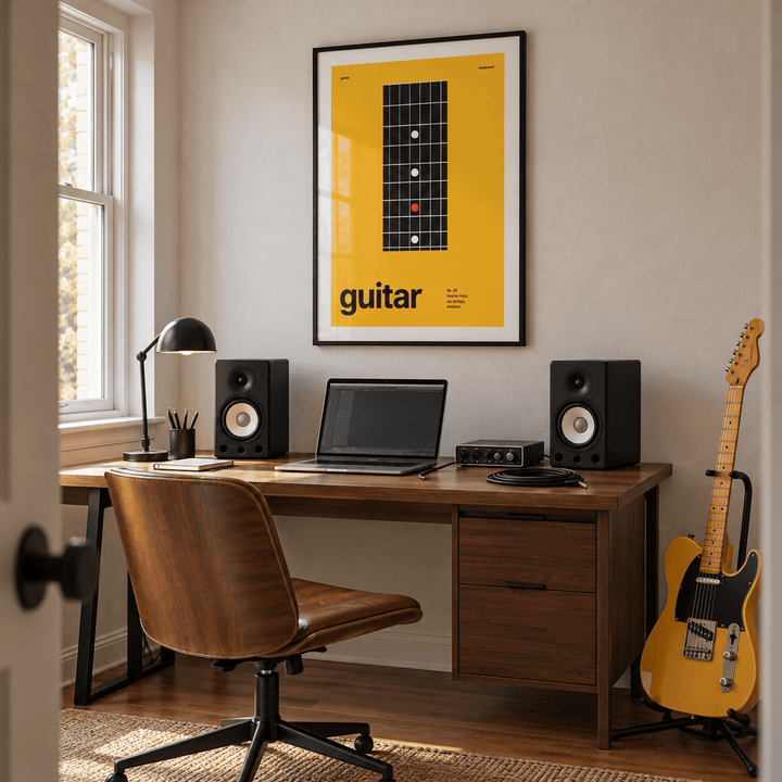 Black fretboard on mustard yellow print above a home recording desk