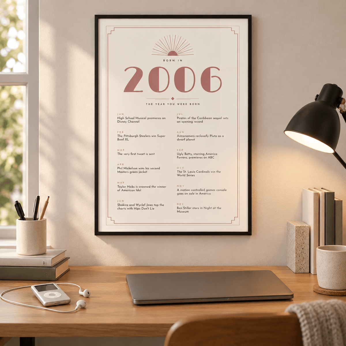 Cream and dusty rose Deco print of 2006 on a wall in a lived in room