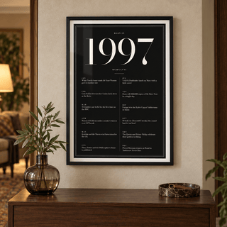 Black and ivory 1997 birth year print on a wall in a lived in room