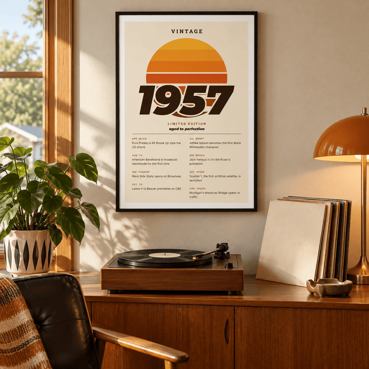 Retro sunset print with 1957 in italic lettering on a wall in a lived in room