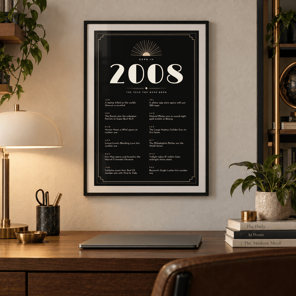 Black and champagne Art Deco 2008 print on a wall in a lived in room