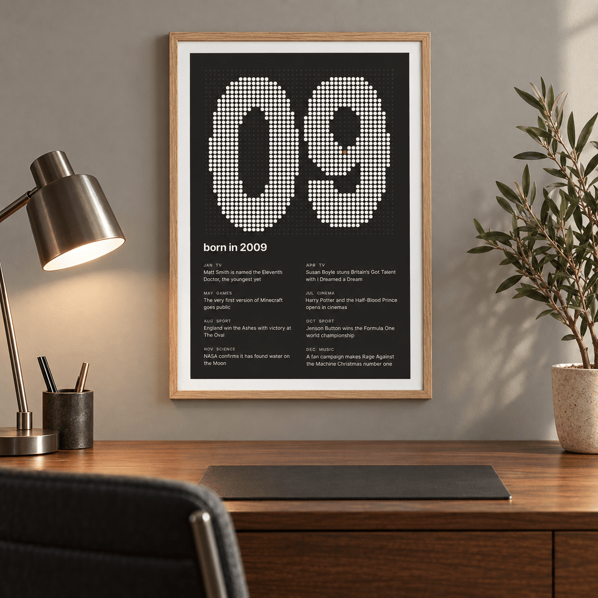 Charcoal halftone print of the year 2009 on a wall in a lived in room