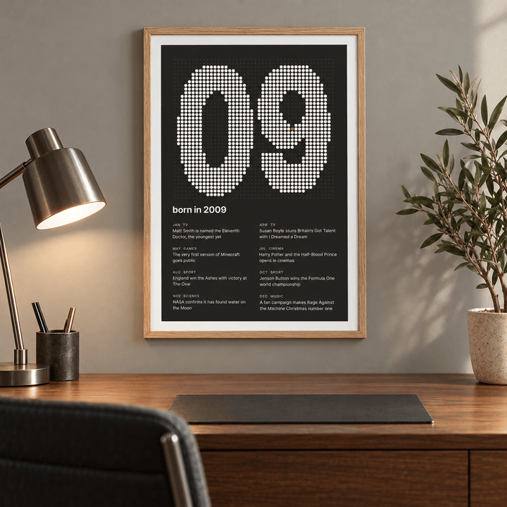Charcoal halftone print of the year 2009 on a wall in a lived in room