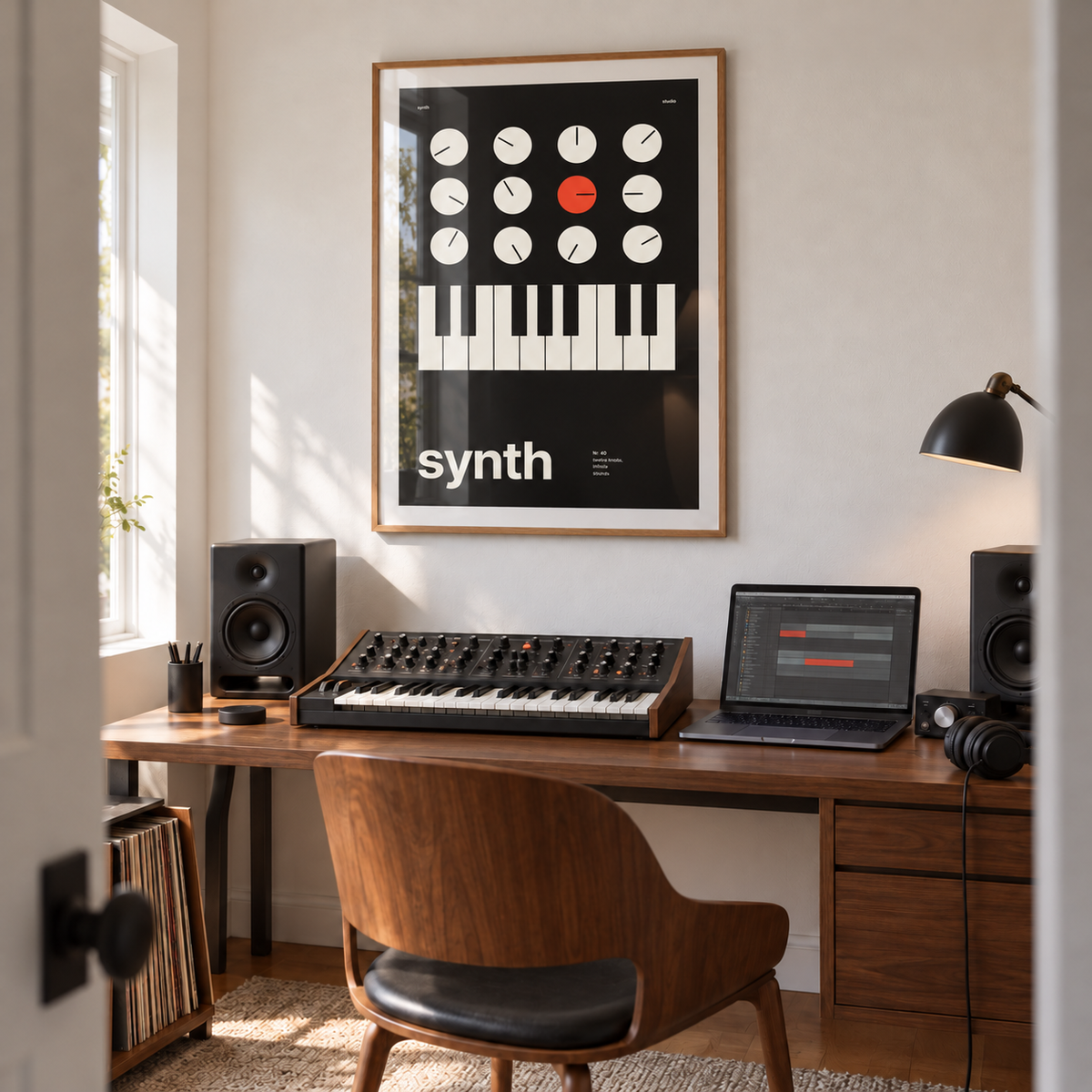 Black synth with one red knob print above a home music desk