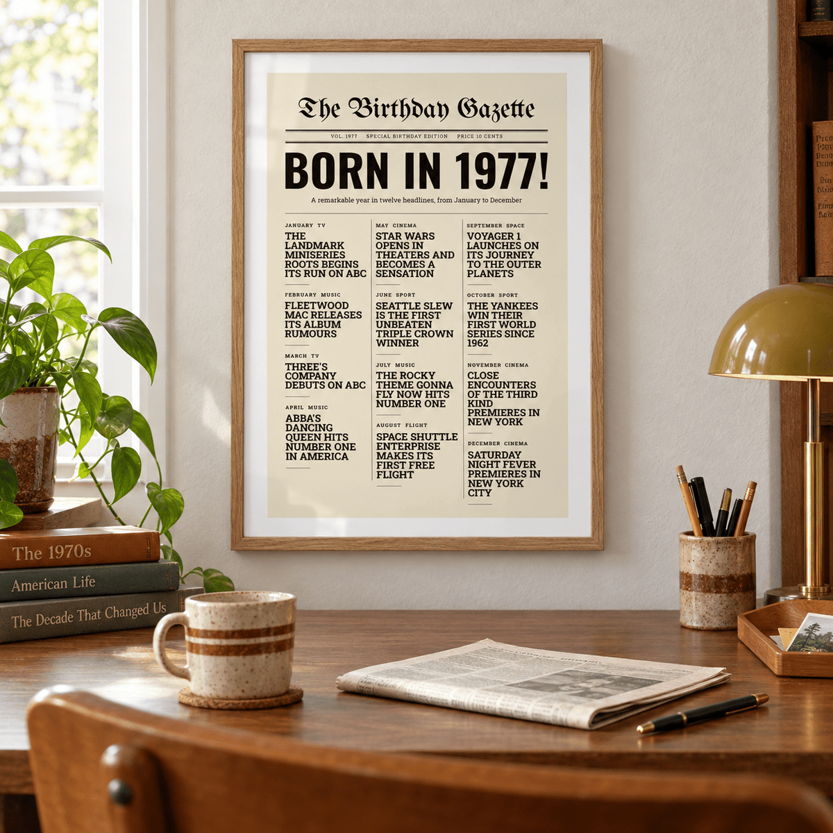 Birthday Gazette print with 1977 headlines on a wall in a lived in room