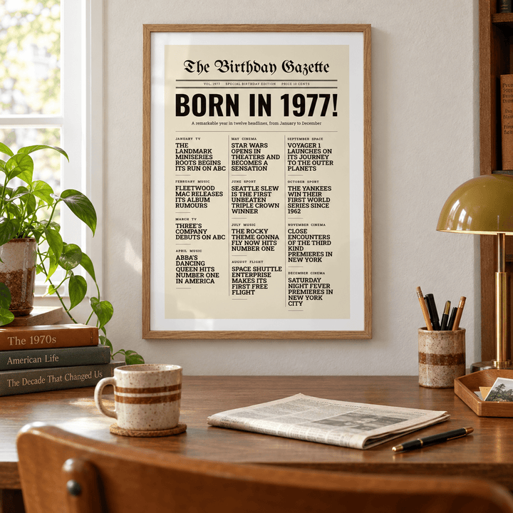 Birthday Gazette print with 1977 headlines on a wall in a lived in room