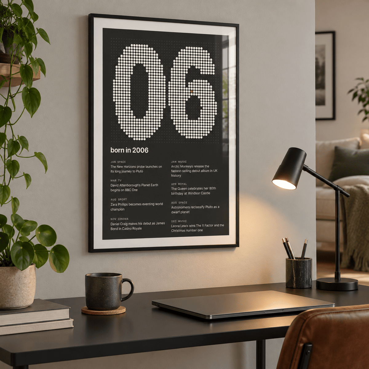 Charcoal halftone print of the year 2006 on a wall in a lived in room