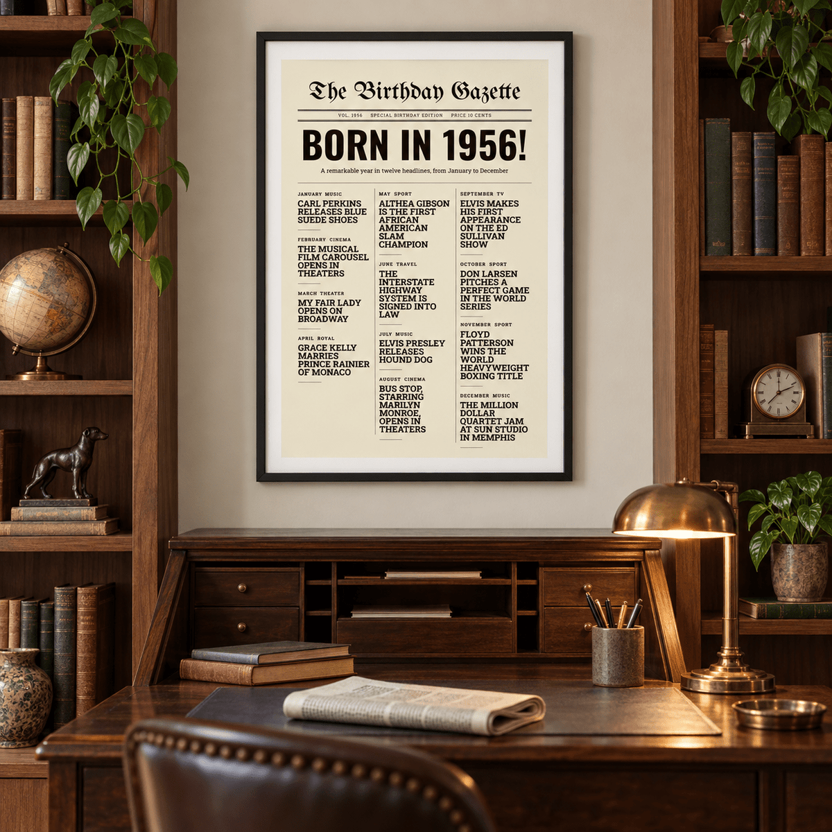 Birthday Gazette print with 1956 headlines on a wall in a lived in room