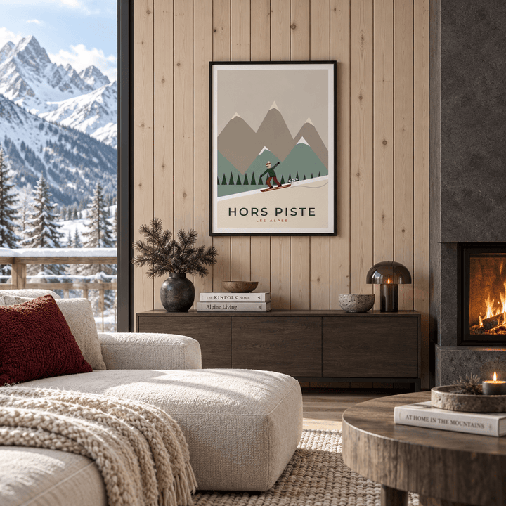 Alpine snowboarding print in a chalet living room at Christmas