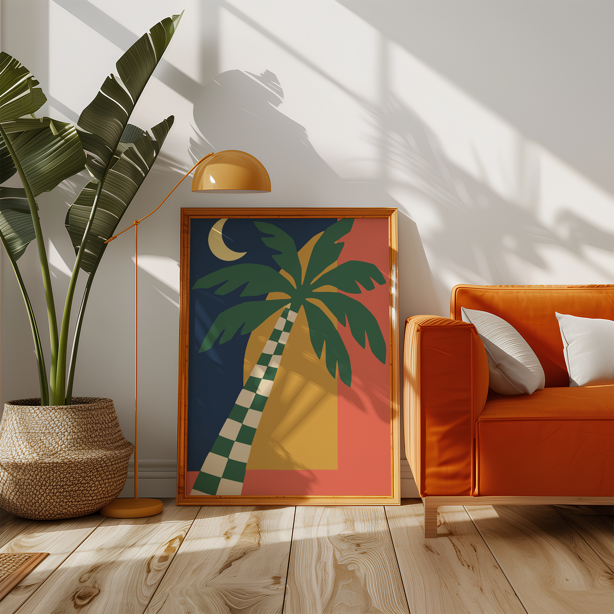 Green palm fronds against a navy sky beside an orange sofa in a sunny living room