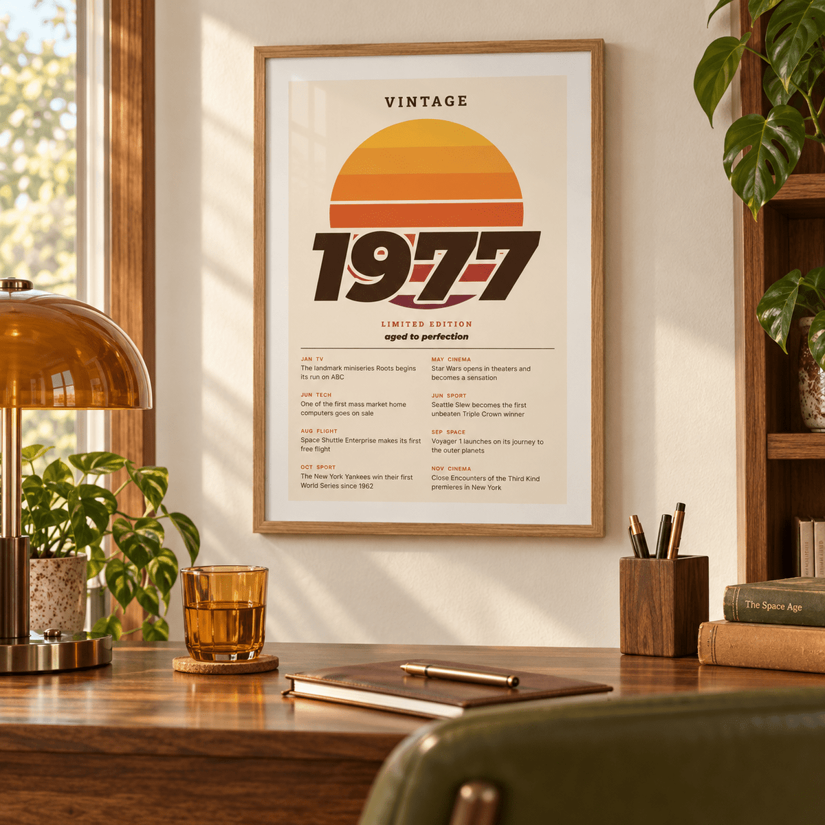Retro sunset print with 1977 in italic lettering on a wall in a lived in room