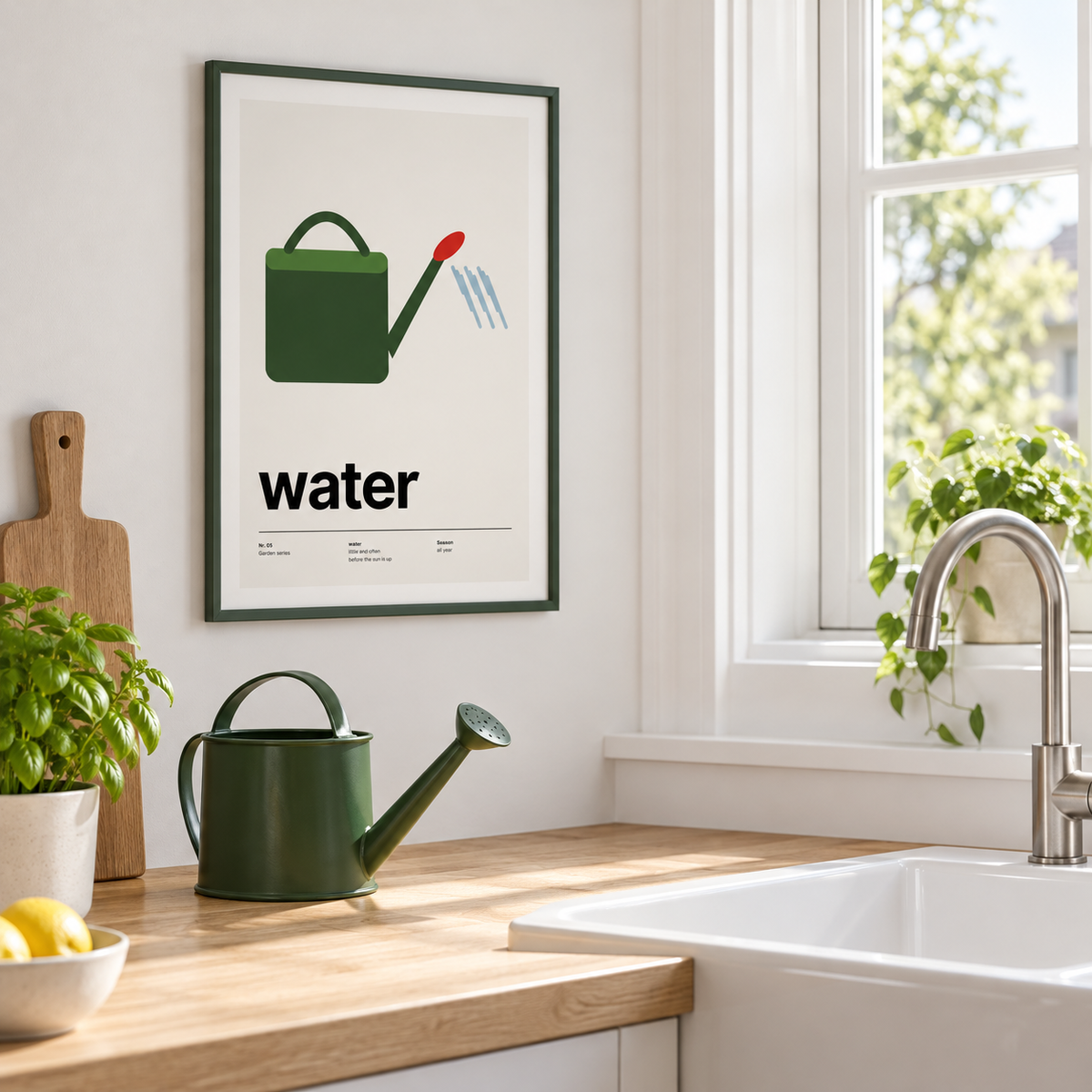 Green watering can with red rose on the wall above a kitchen sink