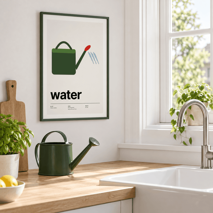Green watering can with red rose on the wall above a kitchen sink
