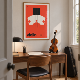 Cream violin bridge on red print above a home music desk