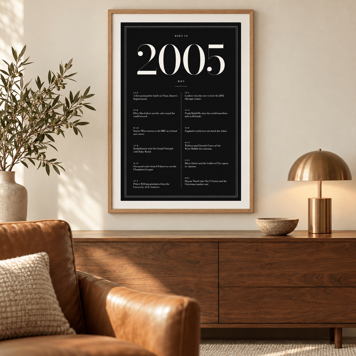 Black and ivory 2005 birth year print on a wall in a lived in room