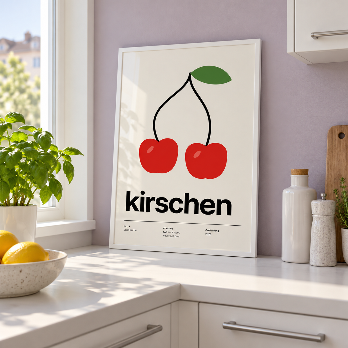 Cherries on joined stems print in a kitchen cupboard against a lilac wall