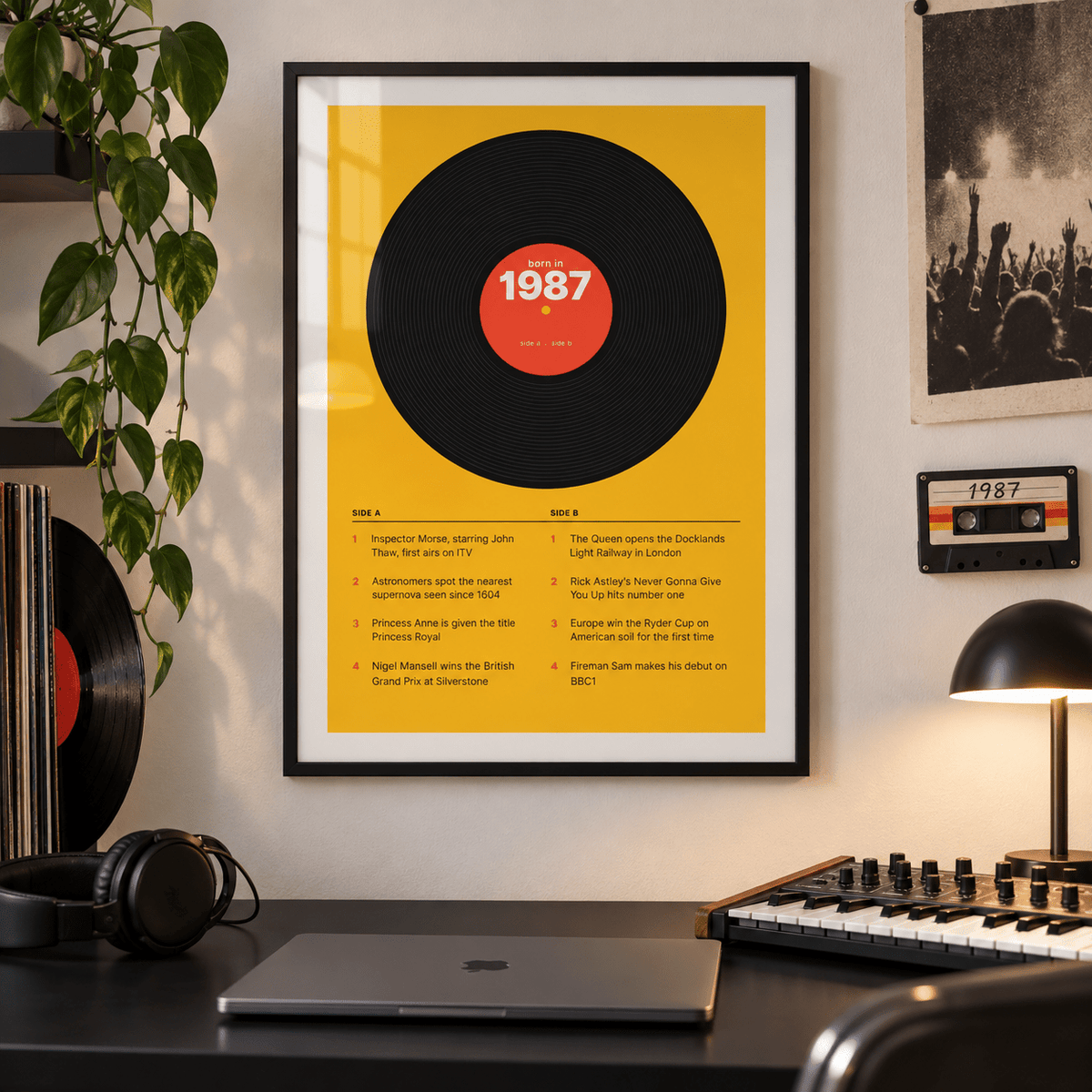Black vinyl record print with a 1987 label on a wall in a lived in room