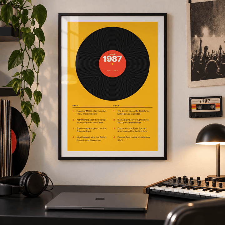 Black vinyl record print with a 1987 label on a wall in a lived in room