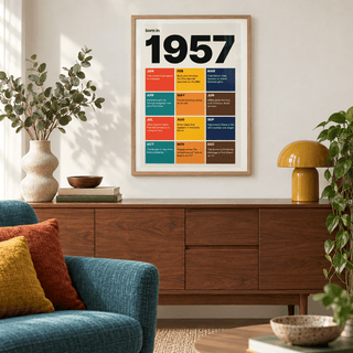 Colourful month by month print of 1957 on a wall in a lived in room