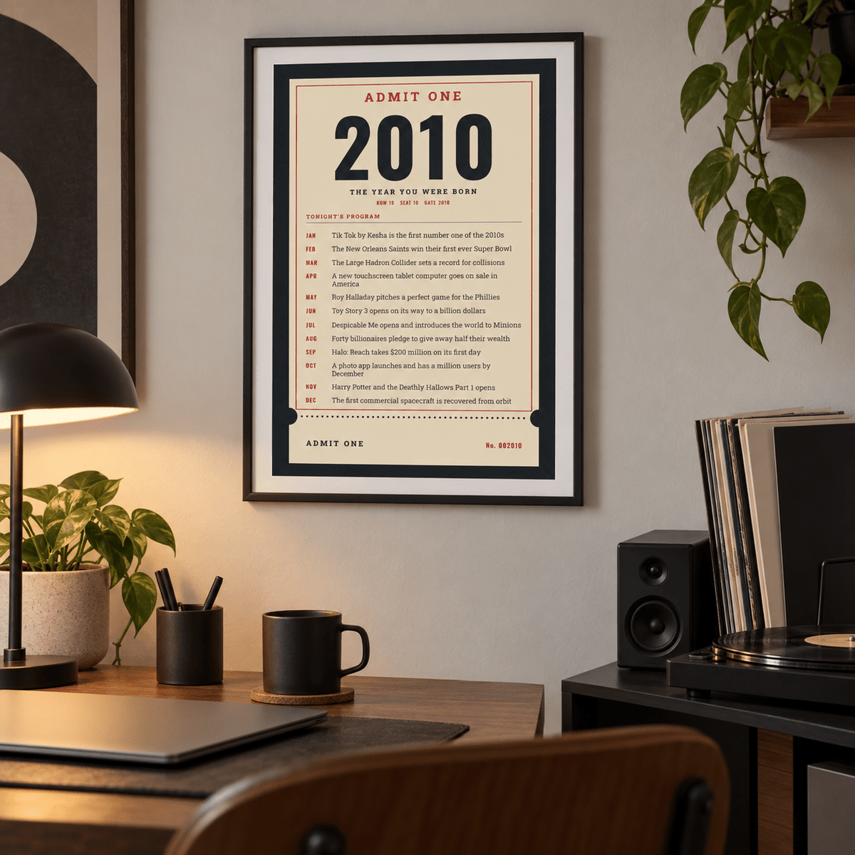Ticket stub print with the year 2010 on a wall in a lived in room
