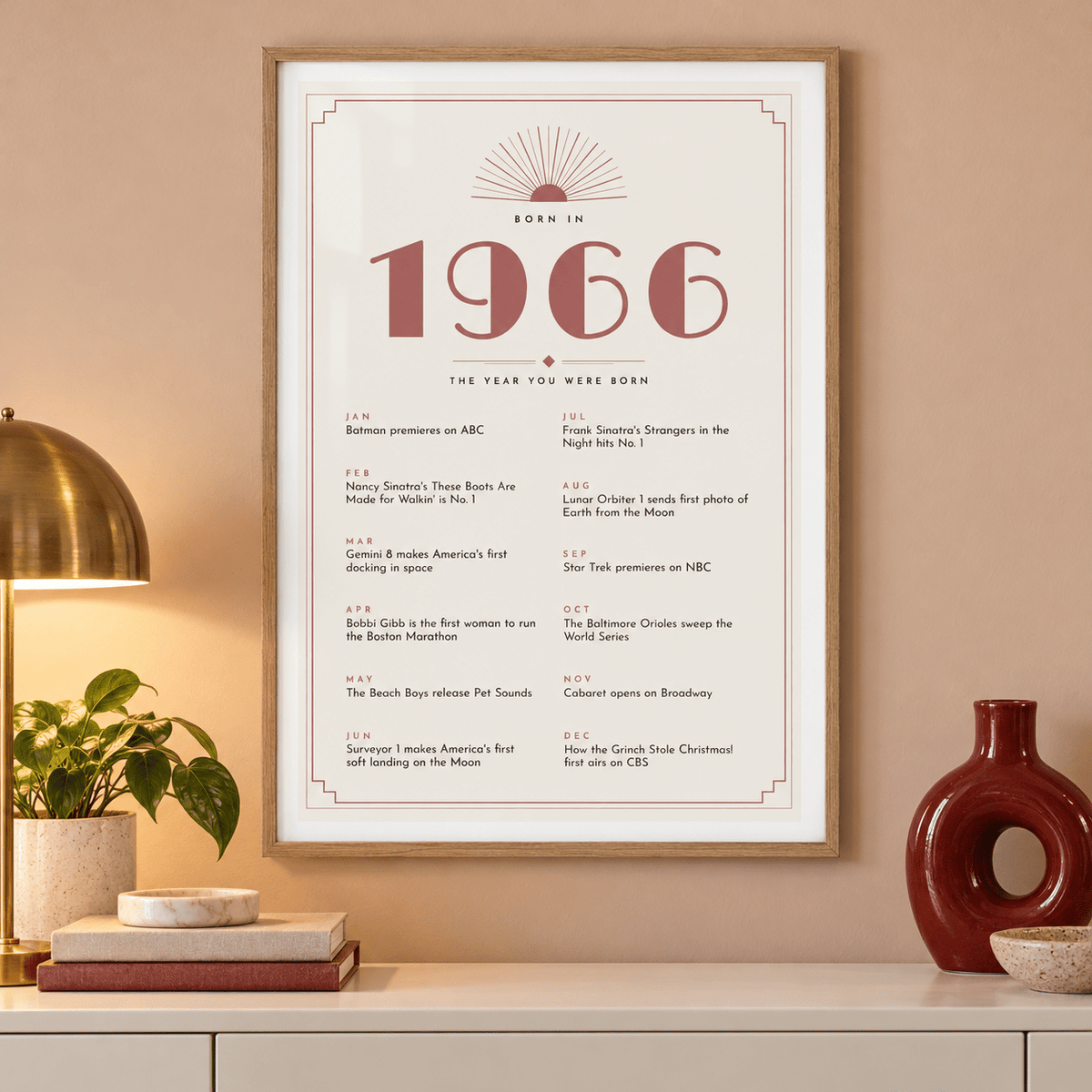 Cream and dusty rose Deco print of 1966 on a wall in a lived in room