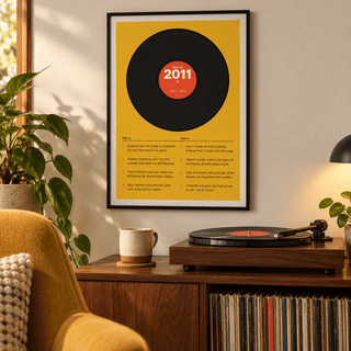 Black vinyl record print with a 2011 label on a wall in a lived in room