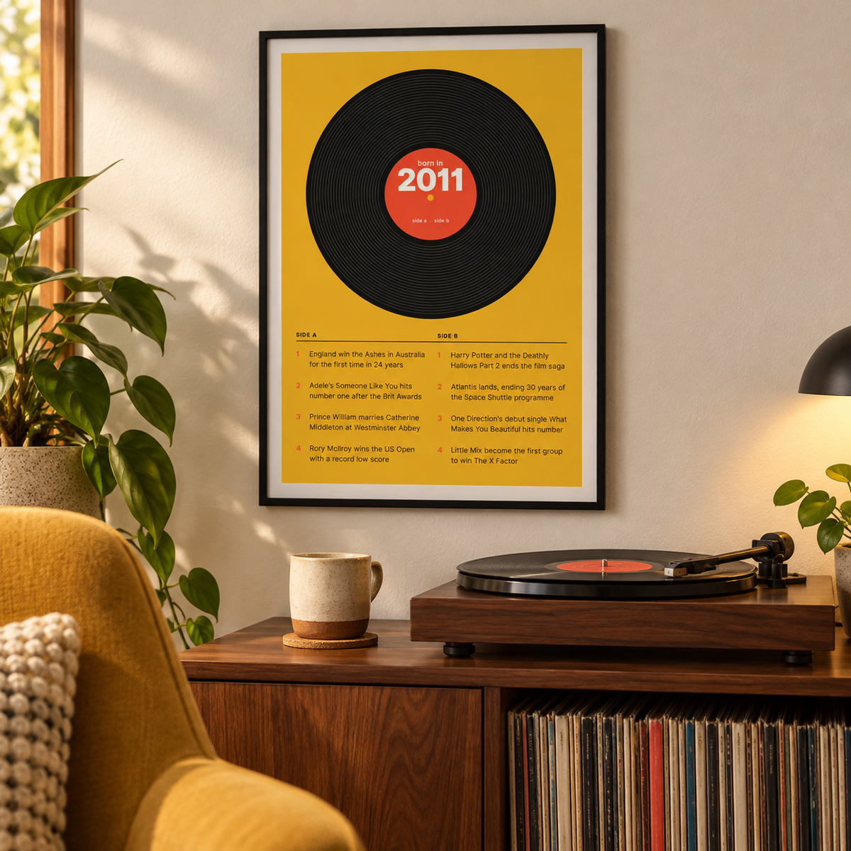 Black vinyl record print with a 2011 label on a wall in a lived in room