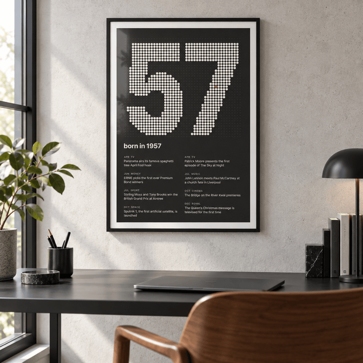 Charcoal halftone print of the year 1957 on a wall in a lived in room