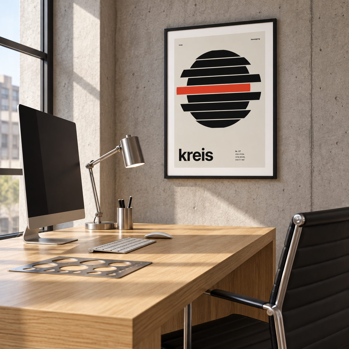 Sliced circle with one red band print above a desk in a home office