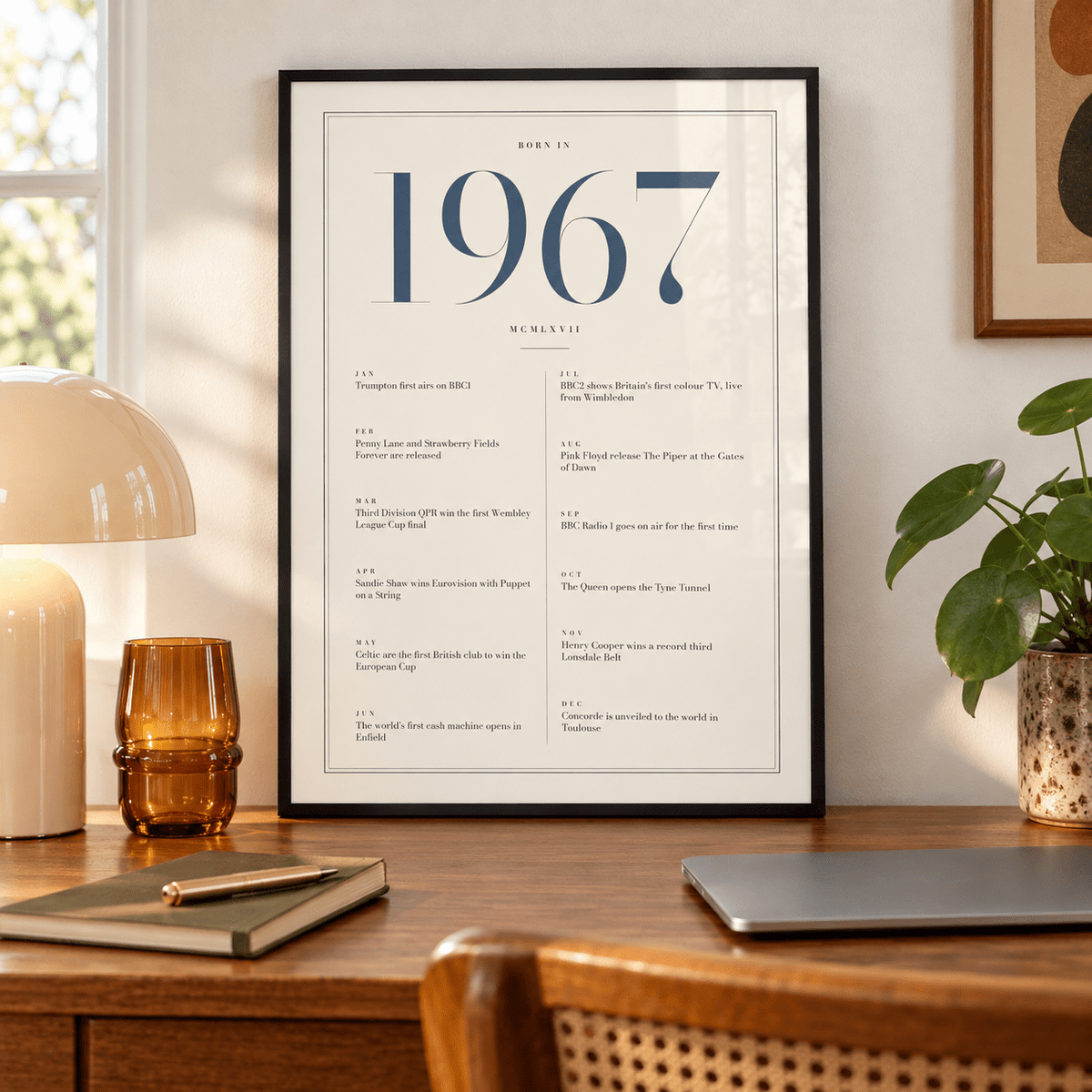 Cream and slate blue 1967 birth year print on a wall in a lived in room