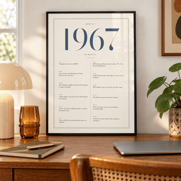 Cream and slate blue 1967 birth year print on a wall in a lived in room