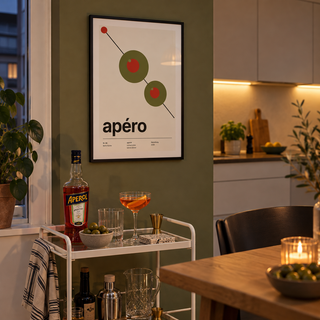 Swiss style apero olive print in a drinks trolley against an olive wall
