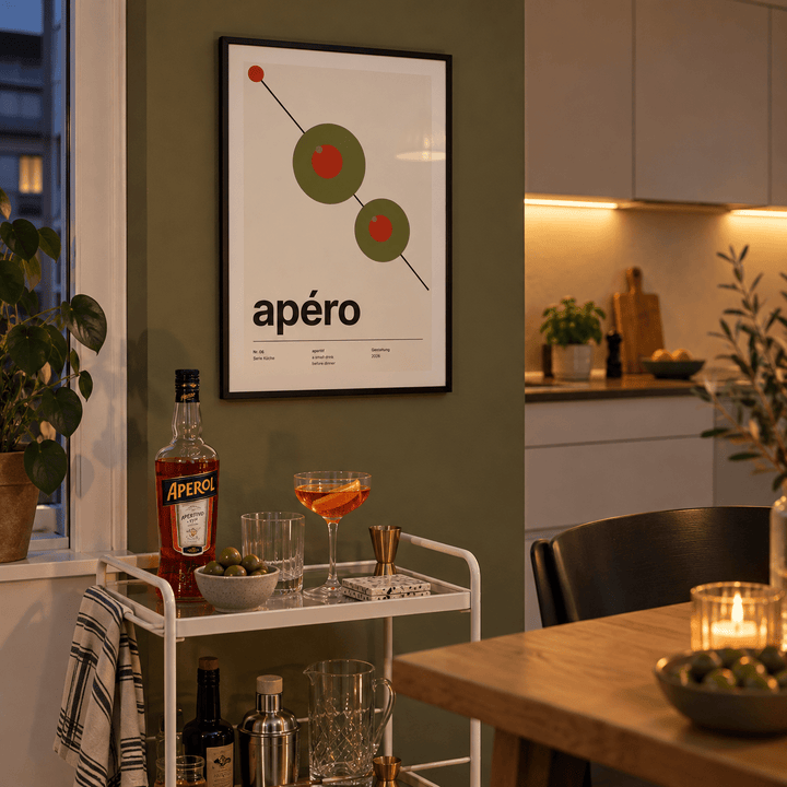 Swiss style apero olive print in a drinks trolley against an olive wall