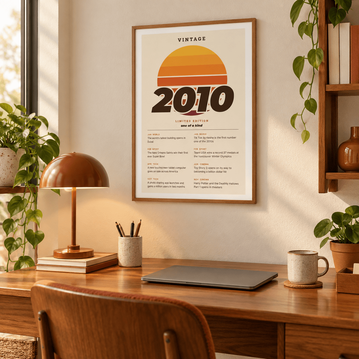 Retro sunset print with 2010 in italic lettering on a wall in a lived in room
