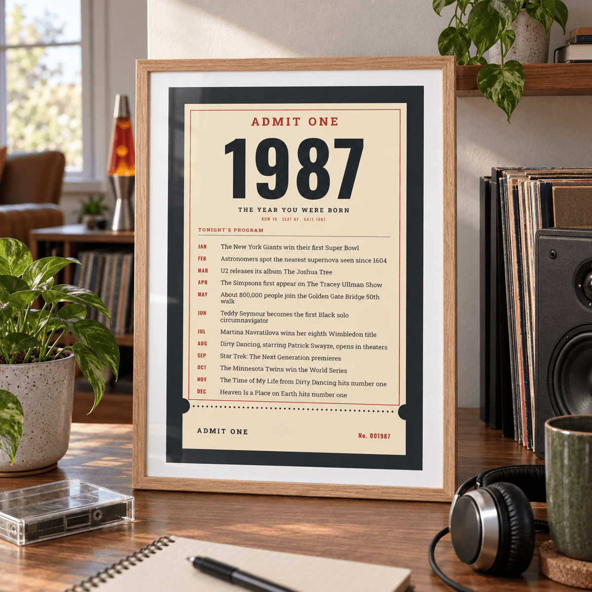 Ticket stub print with the year 1987 on a wall in a lived in room
