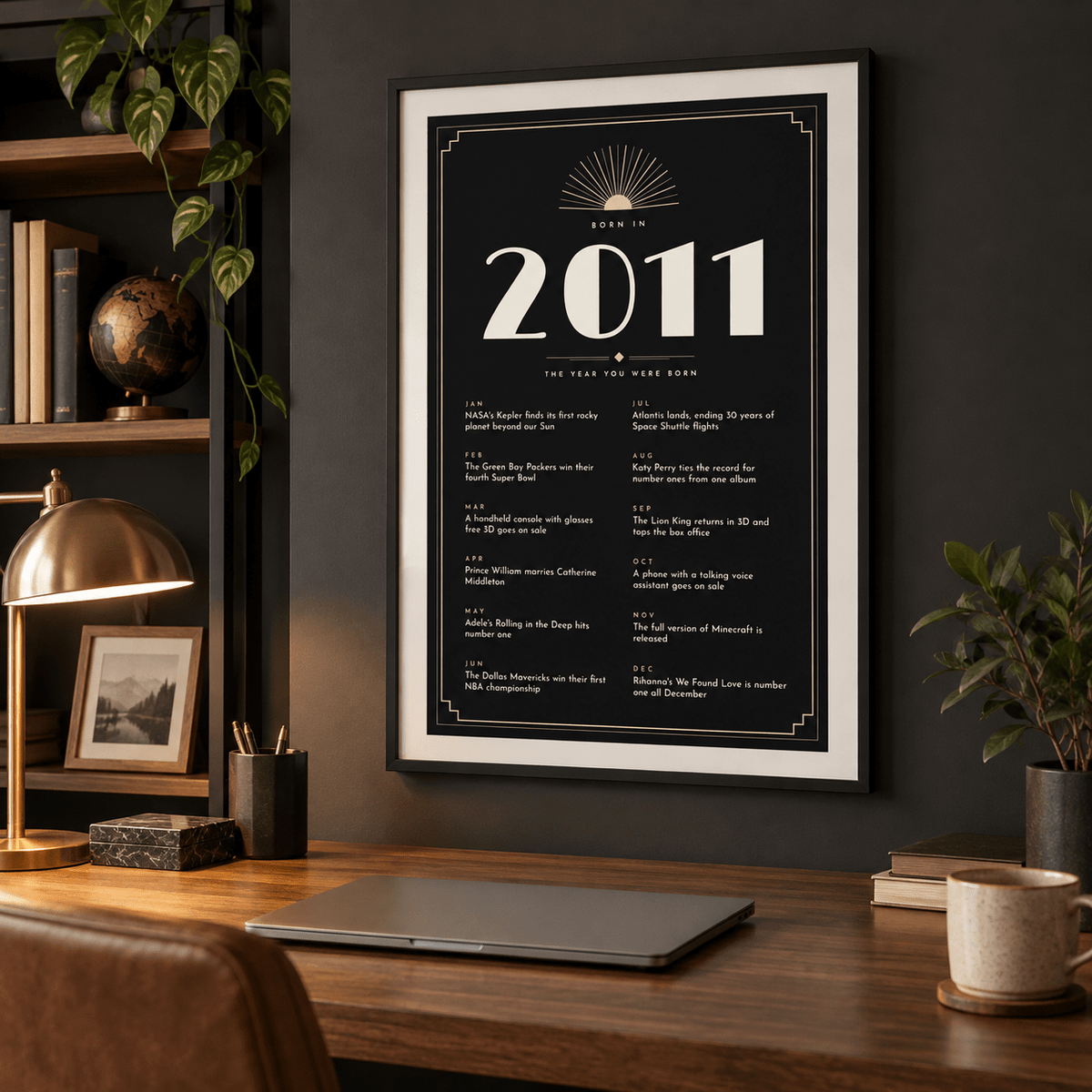 Black and champagne Art Deco 2011 print on a wall in a lived in room
