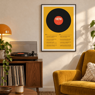 Black vinyl record print with a 1976 label on a wall in a lived in room