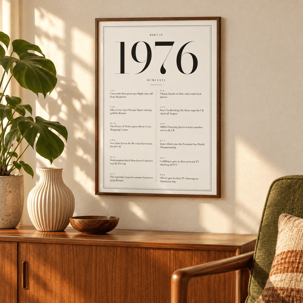White and black 1976 birth year print on a wall in a lived in room