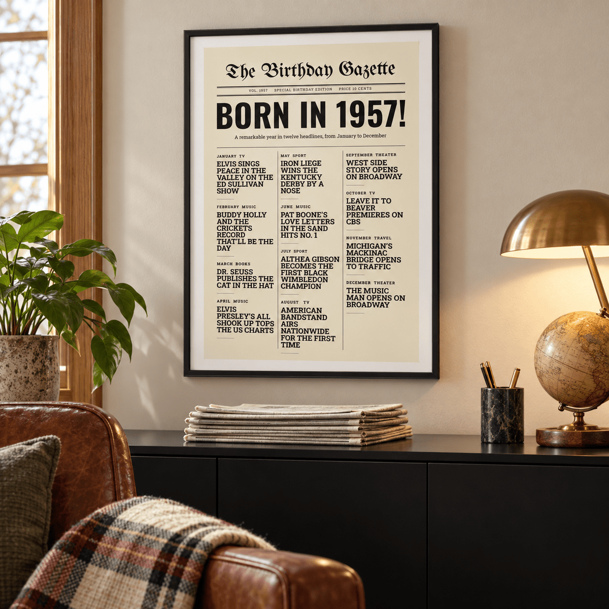 Birthday Gazette print with 1957 headlines on a wall in a lived in room