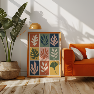 Grid of colourful leaf shapes beside an orange sofa in a sunny living room
