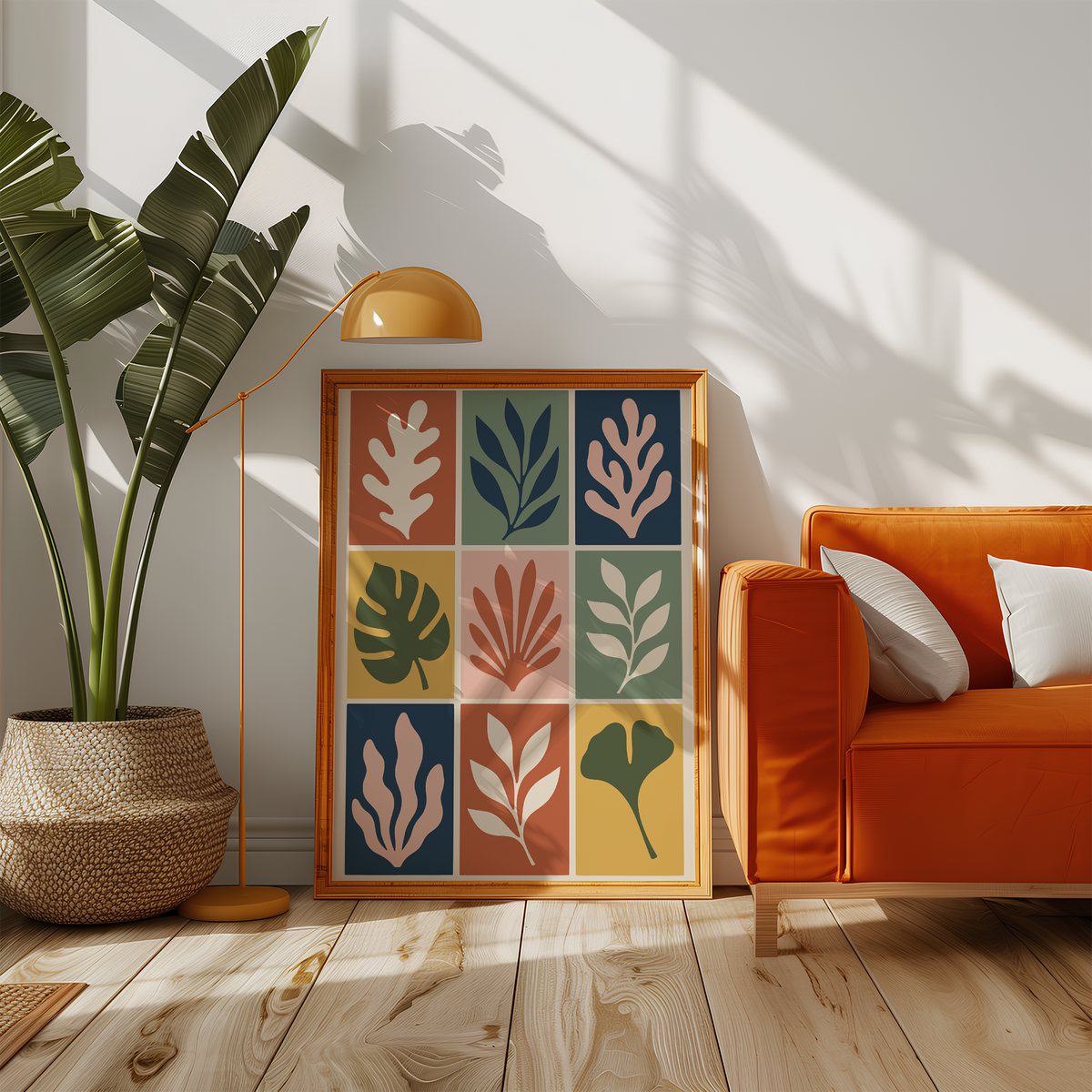 Grid of colourful leaf shapes beside an orange sofa in a sunny living room