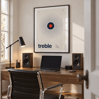 Small navy tweeter on cream print above a home music desk