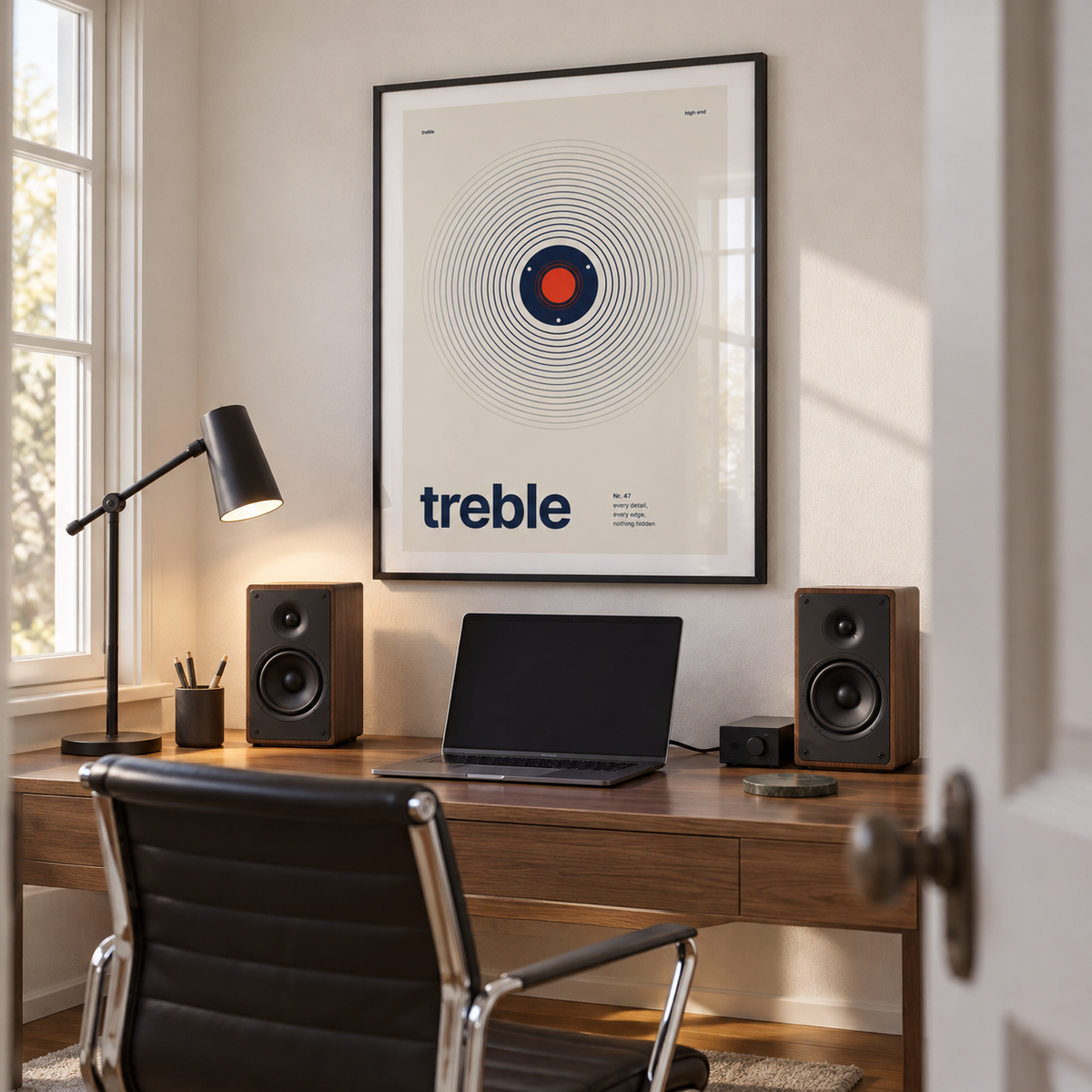 Small navy tweeter on cream print above a home music desk