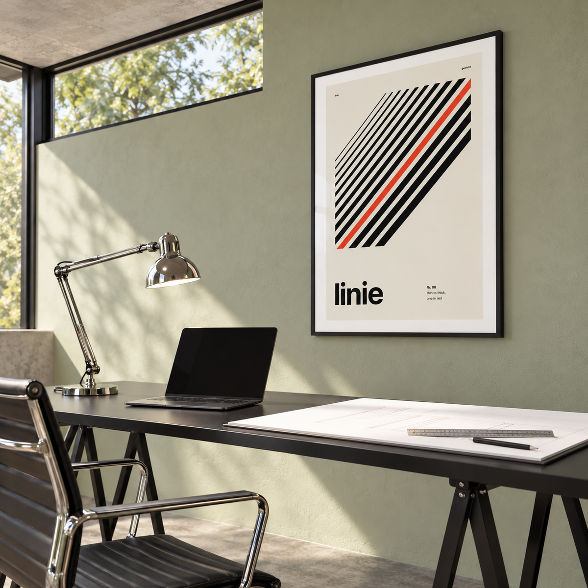 Parallel lines with one red line print above a desk in a home office