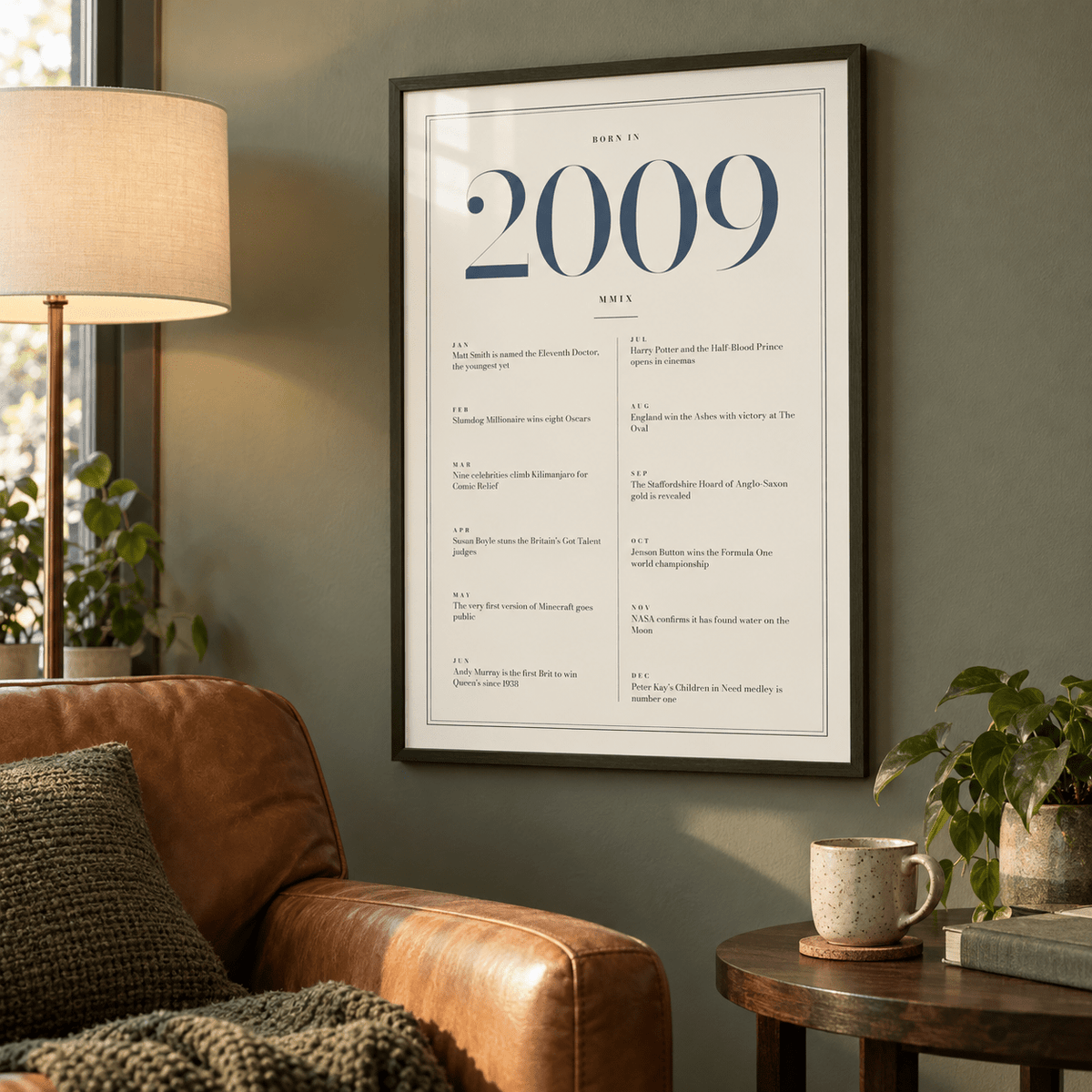Cream and slate blue 2009 birth year print on a wall in a lived in room