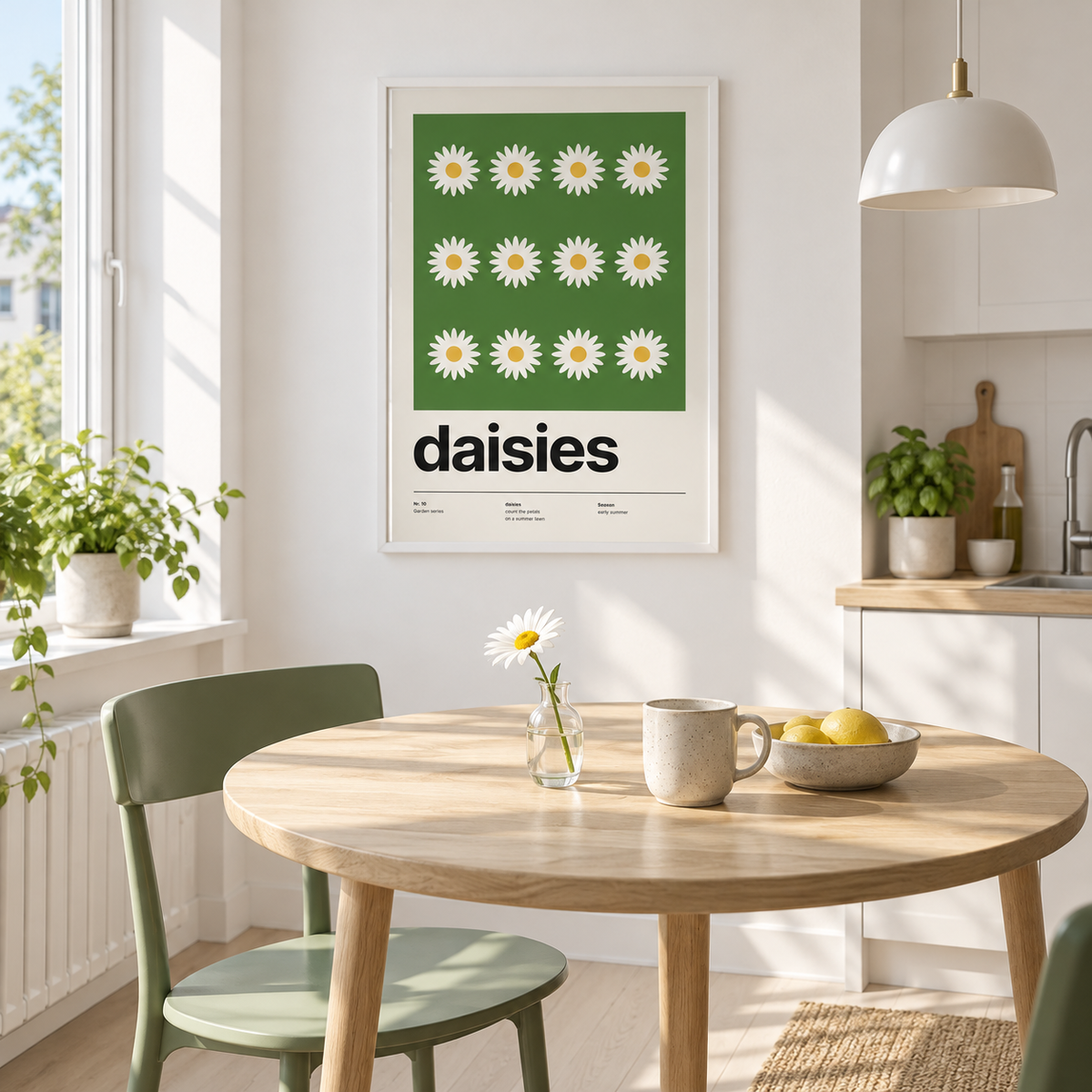 Twelve white daisies on a green lawn on the wall above a breakfast table