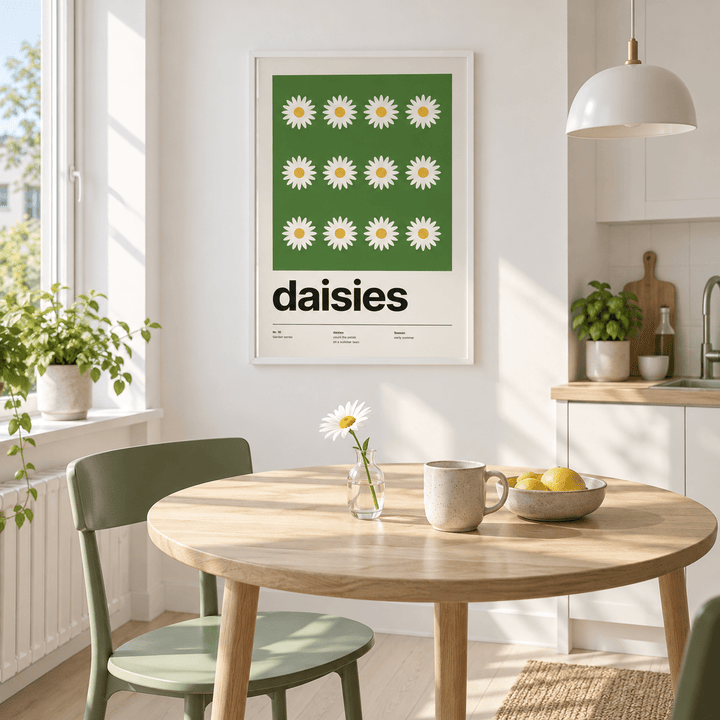 Twelve white daisies on a green lawn on the wall above a breakfast table
