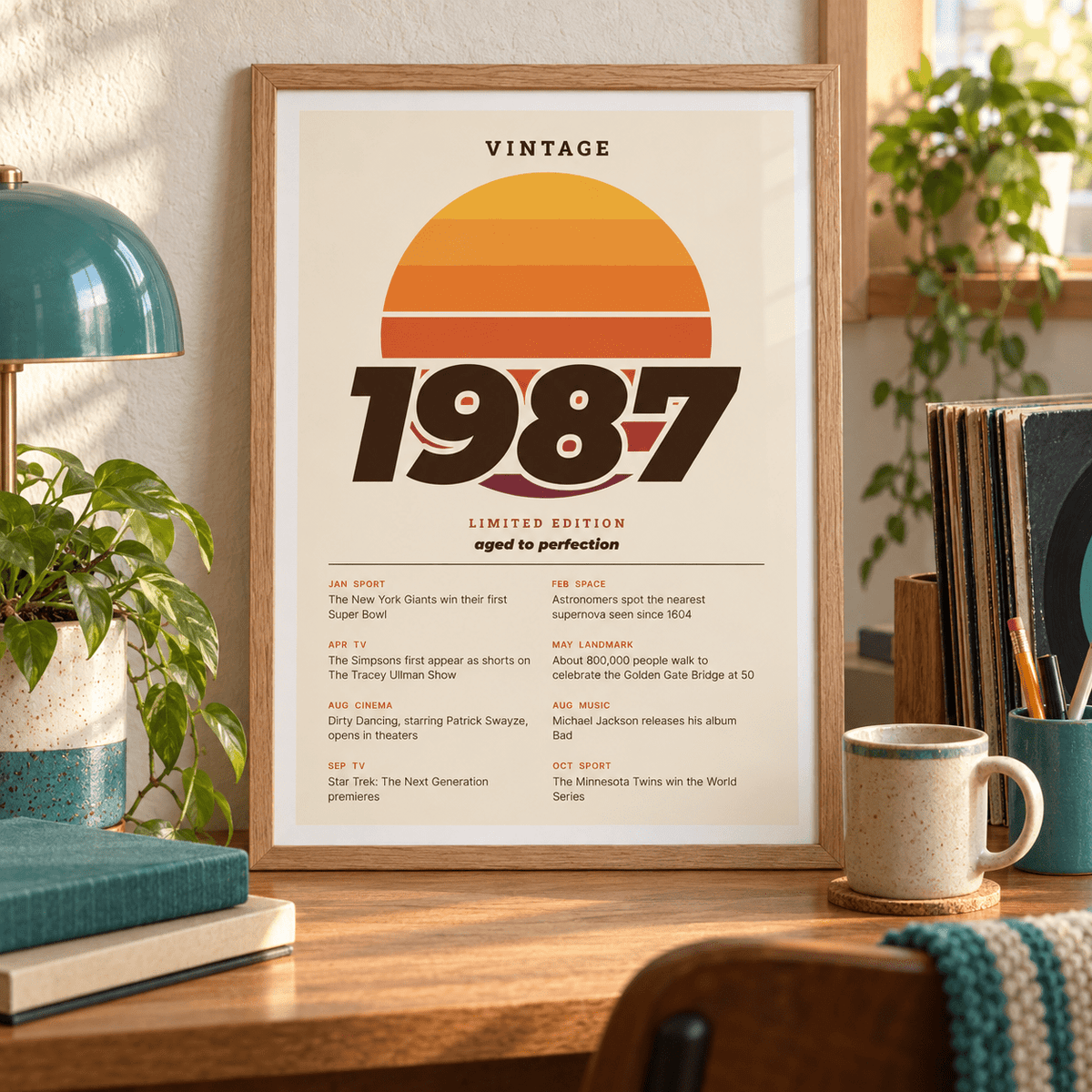 Retro sunset print with 1987 in italic lettering on a wall in a lived in room
