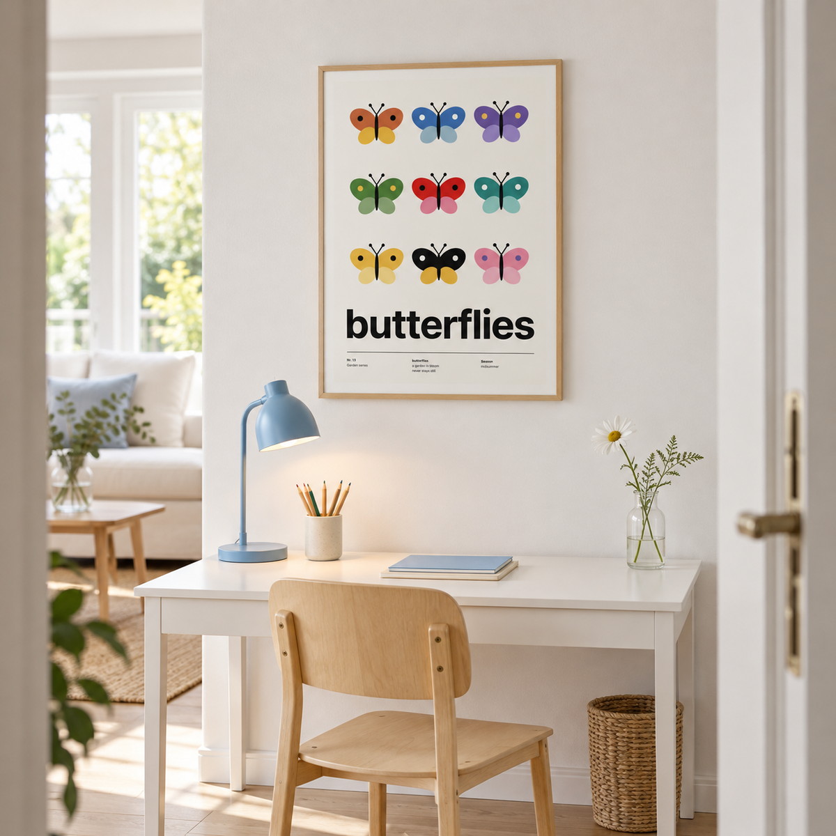 Nine colourful butterflies in a grid above a desk in a playful study corner